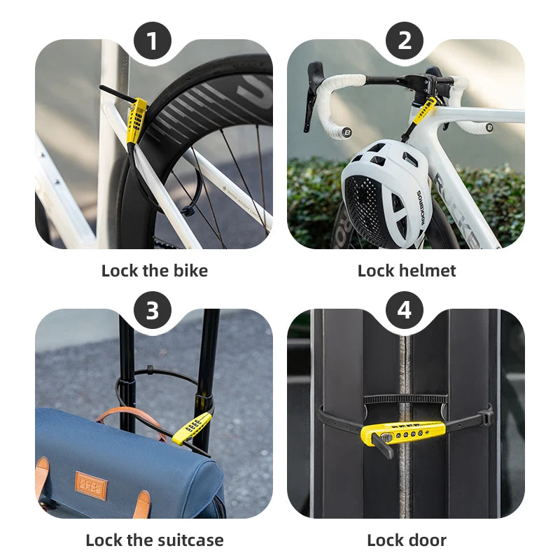 Bicycle Lock High Strength Steel 4-Digit Combination Password Lock Anti-Theft Cable Lock Helmet Lock Bike Accessories