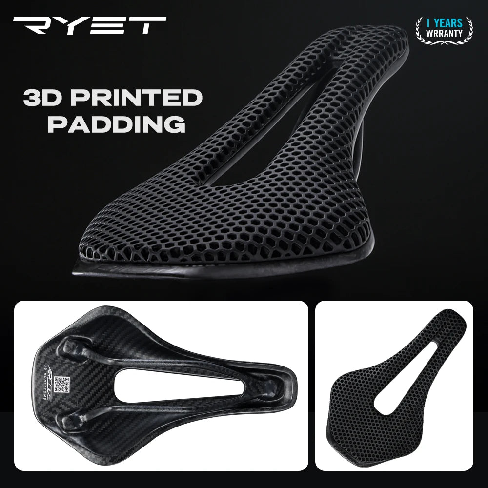 RYET 3D Printed Bicycle Saddle Ultralight Carbon Fiber Hollow Comfortable Breathable MTB Gravel Road Bike Cycling Seat Parts