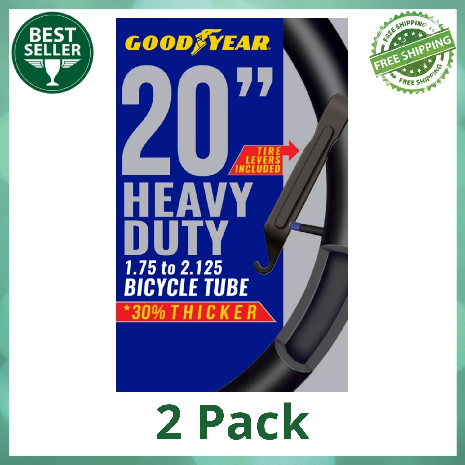 (2 Pack) Goodyear 20" X 1.75-2.125" Heavy Duty Bike Tube, Tire Levers Included