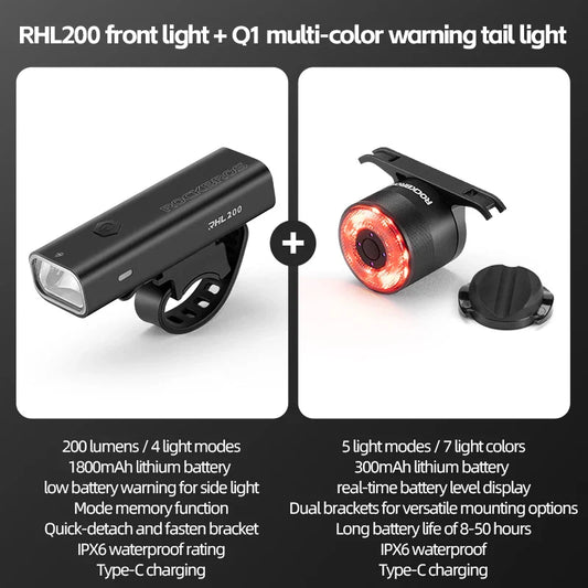Bike Light Waterproof Type-C Rechargeable Bicycle Headlight 200M Range Flashlight with Tail Light Cycling Accessory